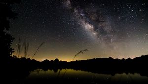 Preview wallpaper pond, night, milky way, trees