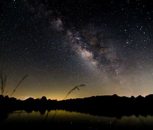 Preview wallpaper pond, night, milky way, trees