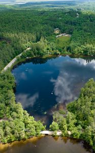 Preview wallpaper pond, road, trees, nature, aerial view