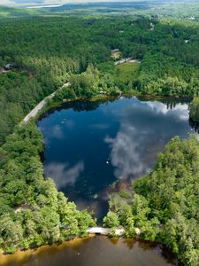 Preview wallpaper pond, road, trees, nature, aerial view