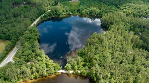 Preview wallpaper pond, road, trees, nature, aerial view