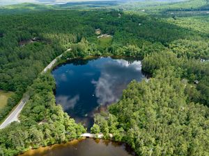 Preview wallpaper pond, road, trees, nature, aerial view