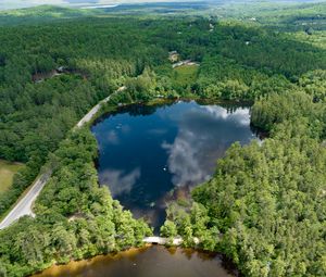 Preview wallpaper pond, road, trees, nature, aerial view