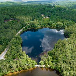 Preview wallpaper pond, road, trees, nature, aerial view