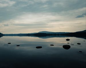 Preview wallpaper pond, stones, coast, sky, nature