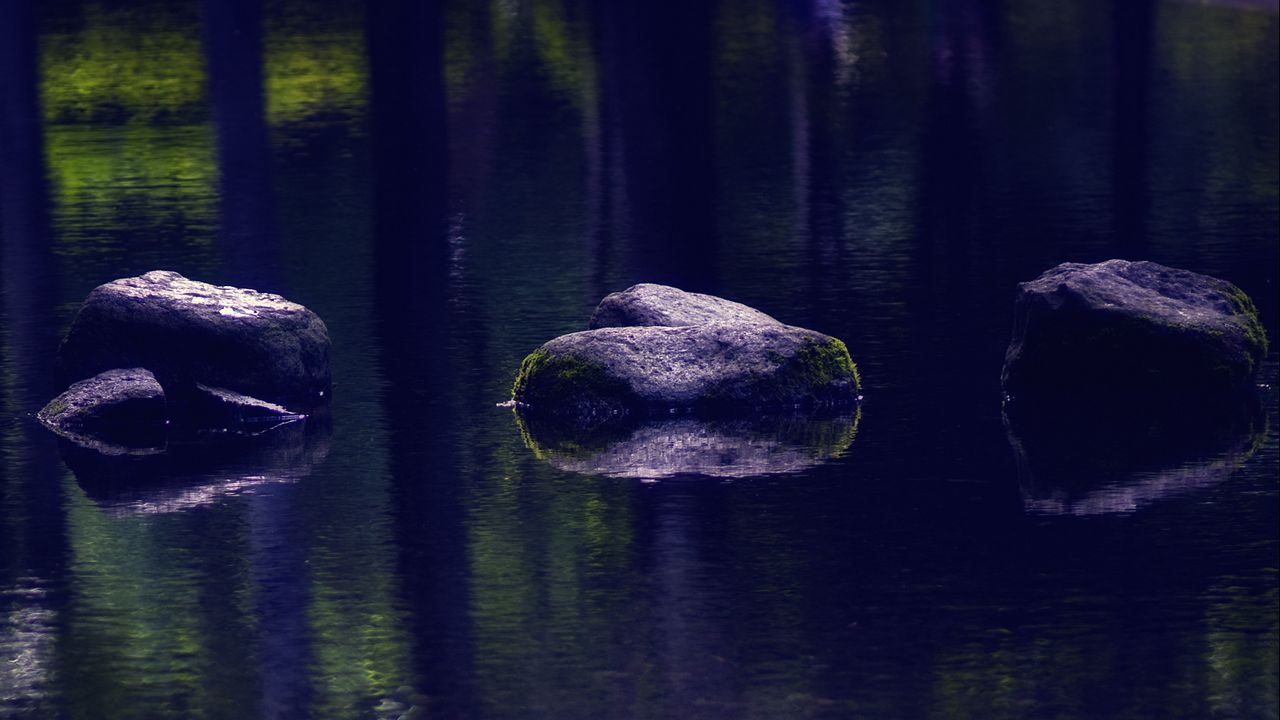 Wallpaper pond, stones, reflection, nature, dark
