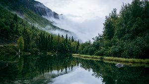 Preview wallpaper pond, trees, clouds, mountains, landscape