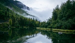 Preview wallpaper pond, trees, clouds, mountains, landscape