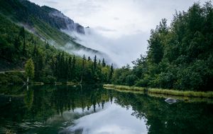 Preview wallpaper pond, trees, clouds, mountains, landscape