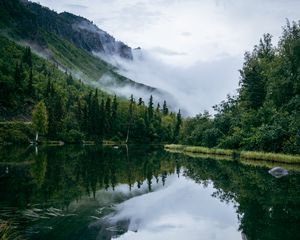 Preview wallpaper pond, trees, clouds, mountains, landscape