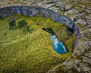 Preview wallpaper pond, trees, forest, crater, aerial view, nature