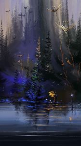 Preview wallpaper pond, trees, forest, birds, art