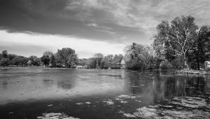 Preview wallpaper pond, trees, house, nature, black and white