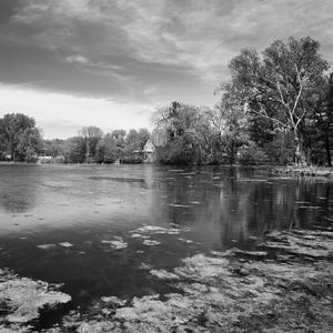 Preview wallpaper pond, trees, house, nature, black and white