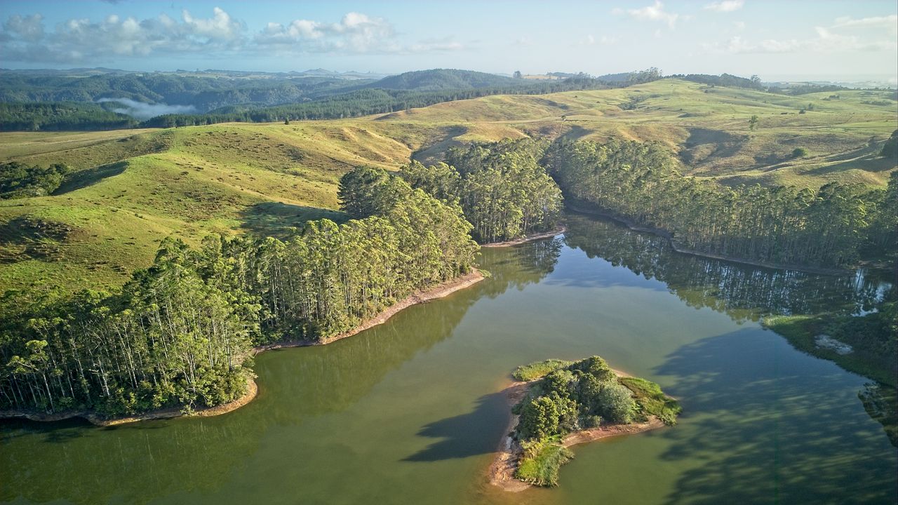 Wallpaper pond, trees, island, hills, nature
