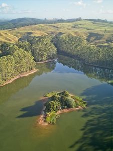 Preview wallpaper pond, trees, island, hills, nature