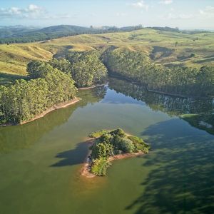 Preview wallpaper pond, trees, island, hills, nature