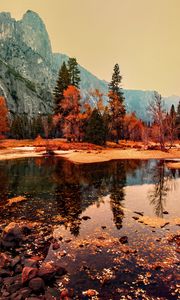 Preview wallpaper pond, trees, mountains, autumn