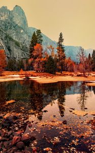 Preview wallpaper pond, trees, mountains, autumn