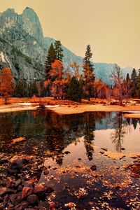 Preview wallpaper pond, trees, mountains, autumn