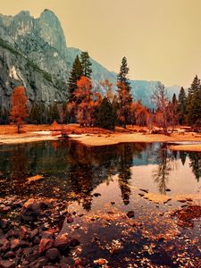 Preview wallpaper pond, trees, mountains, autumn