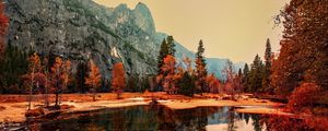 Preview wallpaper pond, trees, mountains, autumn