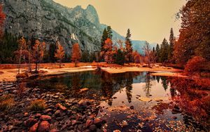 Preview wallpaper pond, trees, mountains, autumn