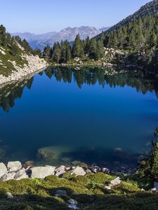 Preview wallpaper pond, trees, mountains, landscape