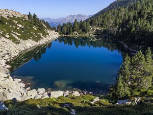 Preview wallpaper pond, trees, mountains, landscape