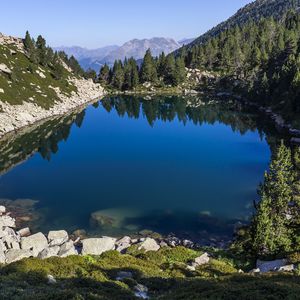 Preview wallpaper pond, trees, mountains, landscape