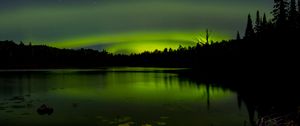 Preview wallpaper pond, trees, night, northern lights, dark