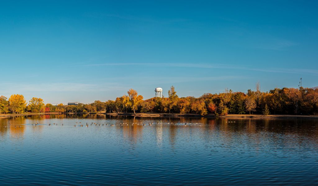 1024x600 Wallpaper pond, trees, tower, sky