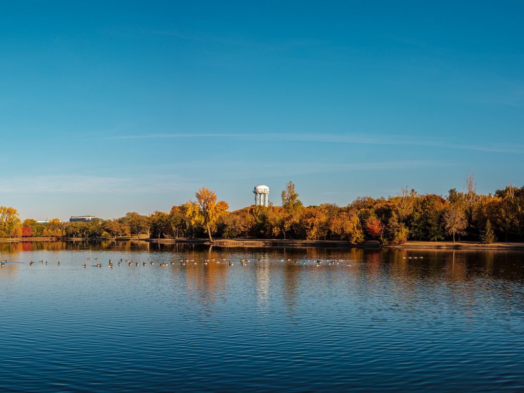 1024x768 Wallpaper pond, trees, tower, sky
