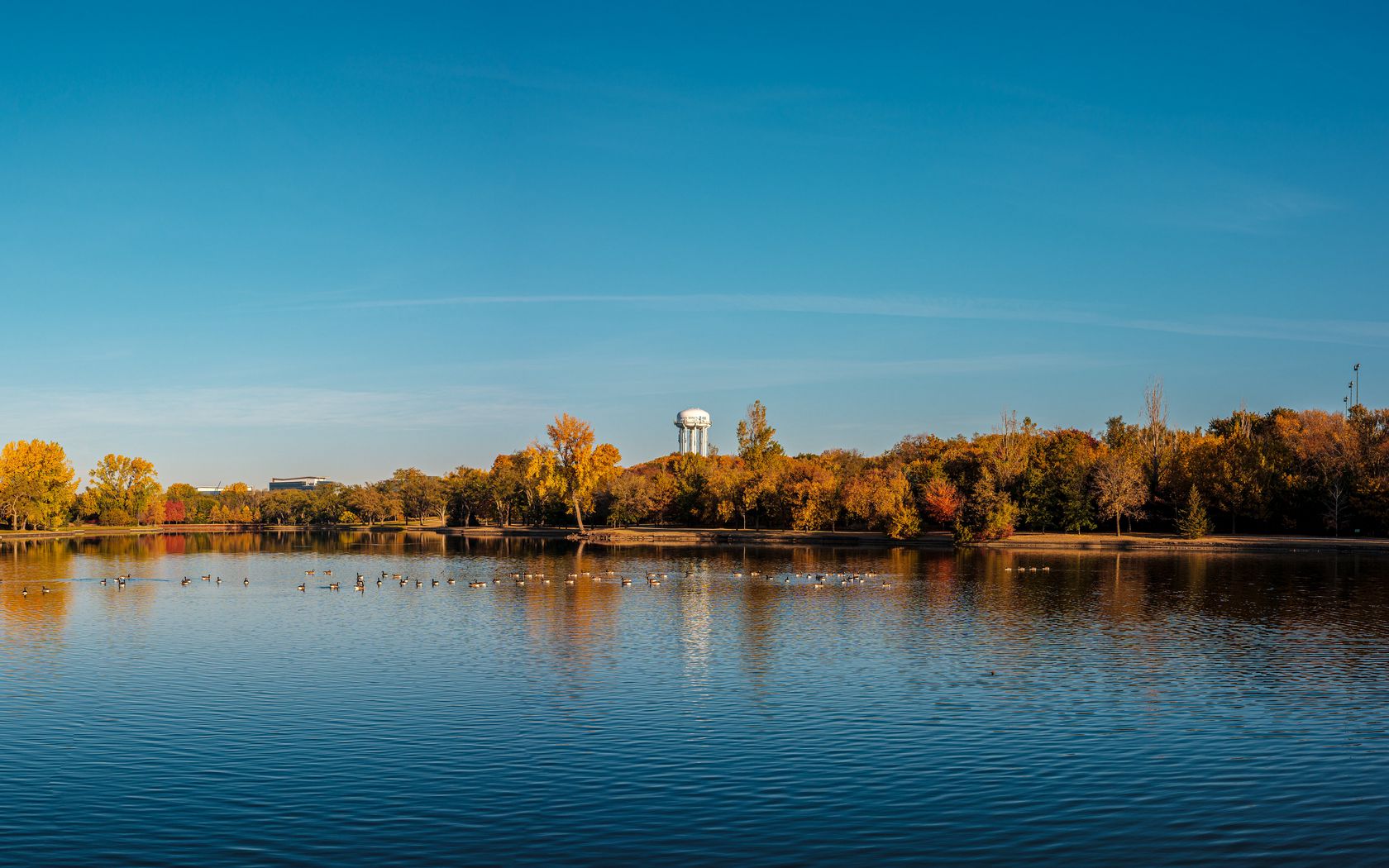 1680x1050 Wallpaper pond, trees, tower, sky