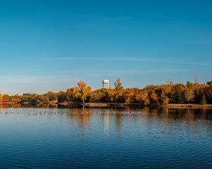 Preview wallpaper pond, trees, tower, sky