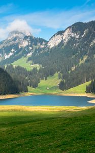 Preview wallpaper pond, valley, forest, mountains, landscape, nature