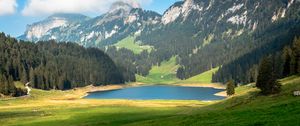 Preview wallpaper pond, valley, forest, mountains, landscape, nature