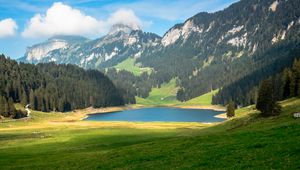 Preview wallpaper pond, valley, forest, mountains, landscape, nature