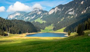 Preview wallpaper pond, valley, forest, mountains, landscape, nature