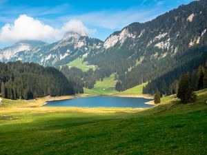 Preview wallpaper pond, valley, forest, mountains, landscape, nature