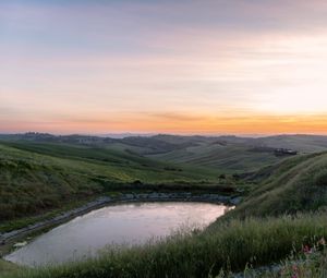 Preview wallpaper pond, water, hills, nature