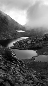 Preview wallpaper ponds, fog, mountains, stones, black and white