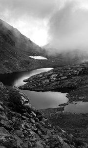 Preview wallpaper ponds, fog, mountains, stones, black and white