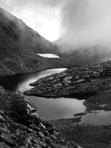 Preview wallpaper ponds, fog, mountains, stones, black and white