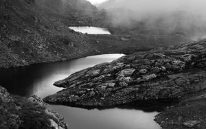 Preview wallpaper ponds, fog, mountains, stones, black and white