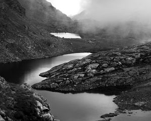 Preview wallpaper ponds, fog, mountains, stones, black and white