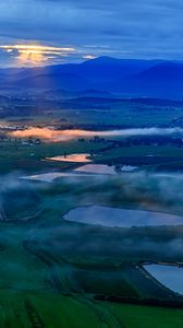 Preview wallpaper ponds, valley, mountains, clouds, sunrise, aerial view