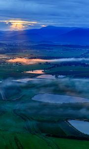 Preview wallpaper ponds, valley, mountains, clouds, sunrise, aerial view