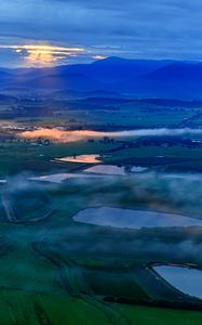 Preview wallpaper ponds, valley, mountains, clouds, sunrise, aerial view