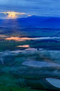 Preview wallpaper ponds, valley, mountains, clouds, sunrise, aerial view